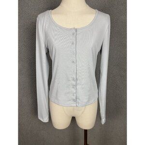 Just Polly Women Juniors' Blue Button-Up Ribbed Knit Long Sleeve Top Size L NWTs